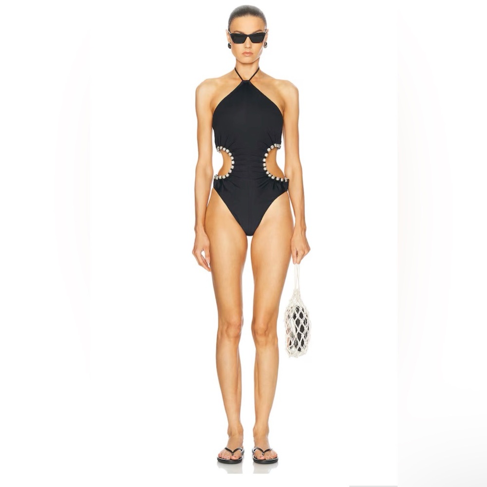 CULT GAIA Sibel One Piece Swimsuit Black Halter with Pearl Details Small - Picture 8 of 11